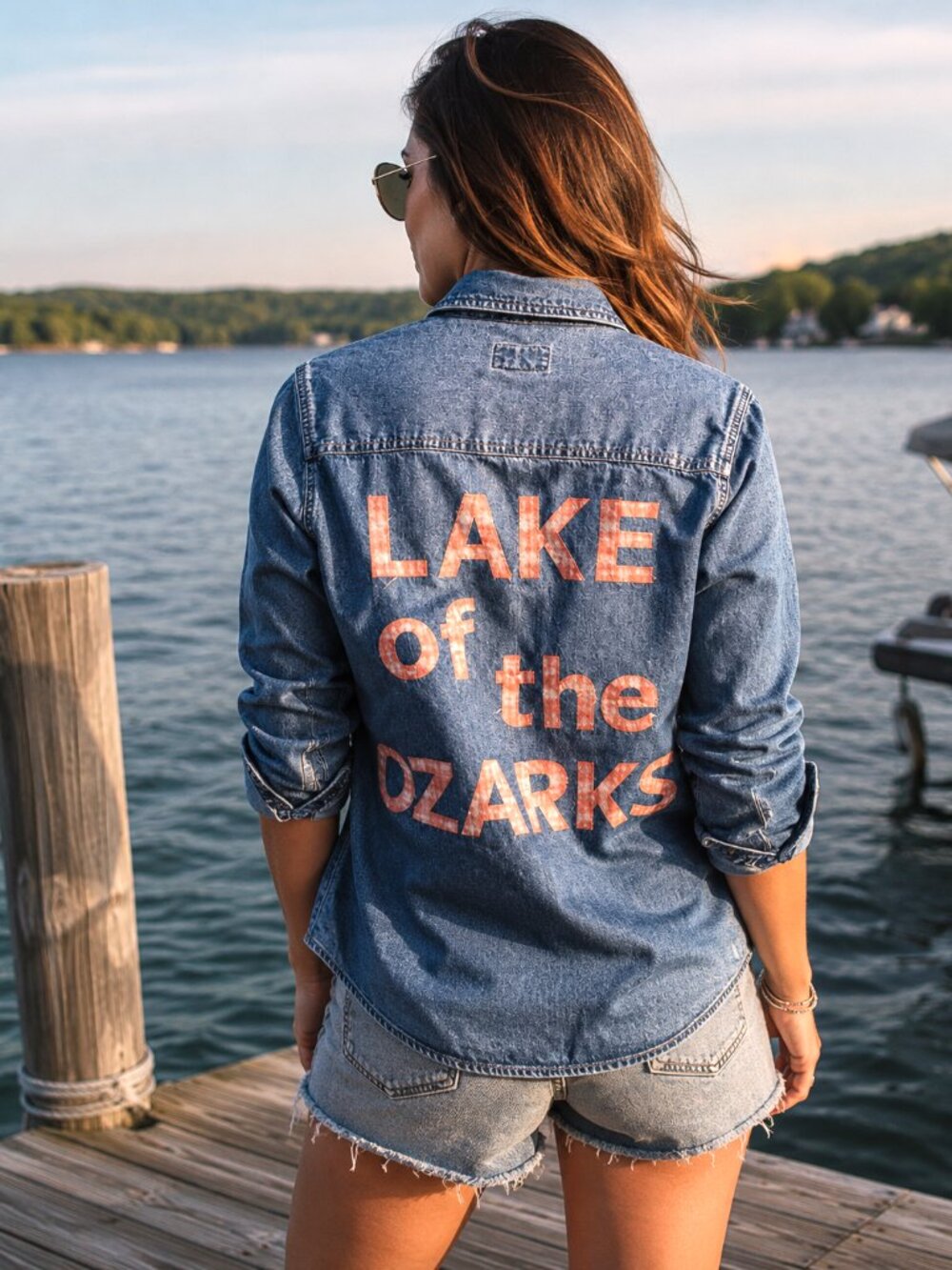 Lake of the Ozarks Denim Shirt Upcycled Lightweight Women's Appliqued Top Small